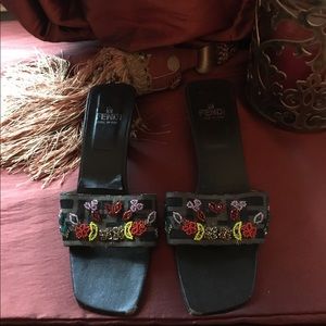 Authentic Fendi kitten heel slip ons embellished